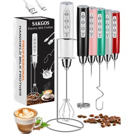 Sakgos Milk Frother with Stand Rechargeable-Handheld Coffee Frother with 3 Stainless Whisks 3 Speed Adjustable, Electric Whisk Drink Mixer, Foam Maker Blender for Matcha Latte Cappuccino Chocolate