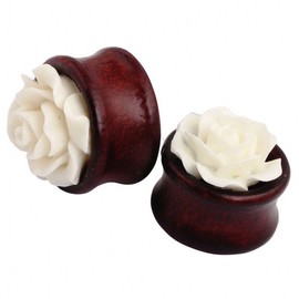 IPINK- Natural Bamboo Wood Hollow Ear Plug White Rose Flower Ear Tunnels (Pair of 0 Gauge (8mm))