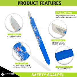 Cynamed Premium Disposable Scalpel w/Retractable Blade and Measurement Scales for Craft, Dermaplaining, Dermatology, Podiatry, Laboratory, Surgical, Dental, Veterinary & More (#10)