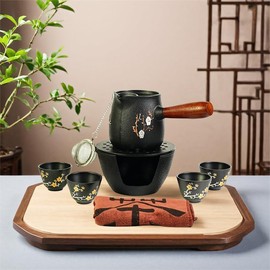 SECHUDO 600ml Cast Iron Teapot Set, Japanese Style Tea Kettle without Lid, 20.3 fl oz Tea Set with Stainless Steel Teacups and Cast Iron Tea Warmer, Tea Ball for Loose Tea, Wooden Side-handle