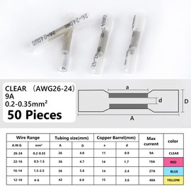 50 Pieces Heat Shrink Butt Connectors Kit, 26-24 AWG Clear Insulated Waterproof Electrical Wire Connectors Automotive Wire Crimp Terminals Butt Splices