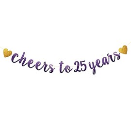Cheers to 25 Years Banner, Pre-Strung, Purple Glitter Paper Garlands Banner for 25th Birthday/Anniversary Party Decoration Supplies, Letters Purple, Betteryanzi