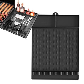 Silicone Griddle Tools Mat for Blackstone, Side Shelf Mat Grill Pad with Drip Pad, Reusable Blackstone Grilling Accessories for Outdoor Grill, Kitchen, Cooking (black 8-bit slot)