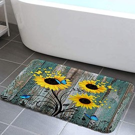 Grtuspr Sunflower Bath Rug, Teal Blue Butterfly on Vintage Rustic Plants Country Wood Bath Rug, Farmhouse Funny Butterfly Waterproof Non Slip Bathroom Rug, Bathroom Decor 17X29 Inch