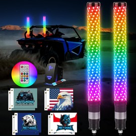 MICTUNING 2Pack 2ft Fat Whip Light RGB+IC Chasing, LED Whip with 8 Flags, RF Remote & Rocker Switch, Spiral Antenna Whips IP68 Waterproof for ATV UTV SXS RZR Can-Am X3 Off-Road