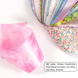 WOKOTO 300 Sheets Nail Foils Transfer Nail Art Holographic Flower Marble Foil Sheets, 1 Set for All Mix-Designs Nail Transfer Foil for Women Girls Nails