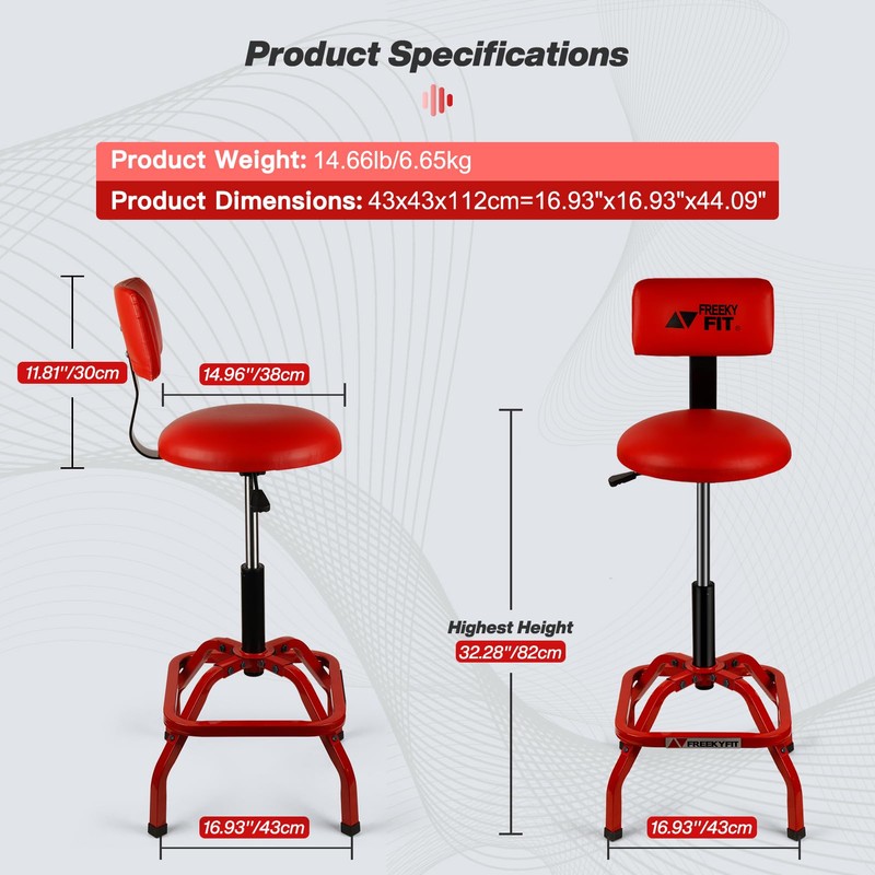 FreekyFit Shop Stool with Backrest, Mechanic Garage Stool for Workshop,