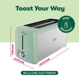 BELLA 4 Slice Toaster, Long Slot & Removable Crumb Tray, 7 Shading Options with Auto Shut Off, Cancel & Reheat Button, Toast Bread & Bagel, Stainless Steel & Sage