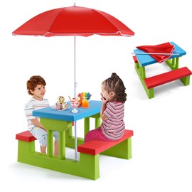HOMGX Kids Picnic Table, Toddler Picnic Table with Removable & Foldable Umbrella, Plastic Children Patio Furniture for Garden Backyard, Kids Outdoor Table, Red, Blue & Green