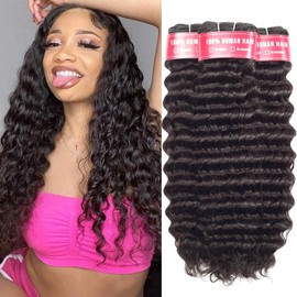 LUXEDIVA 12A Deep Wave Bundles Human Hair 16 18 20 Inchs Human Hair Bundle 100% Unprocessed Brazilian Curly Wet Wavy Texture 3 Bundles Deep Wave Natural Black