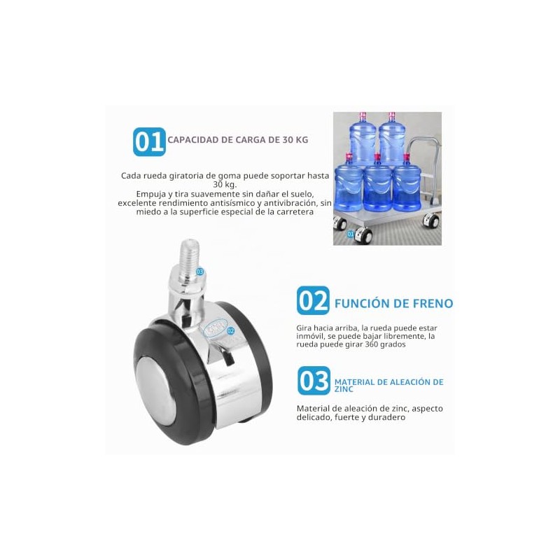 Rueda Giratoria 360° 2" de Aleación Zinc, 30kg con Freno