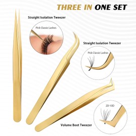 High Precision Lash Tweezers Set - Includes 3 Stainless Steel Eyelash Tweezers for Classic Individual and Volume Lash Extensions. Complete with Storage Box