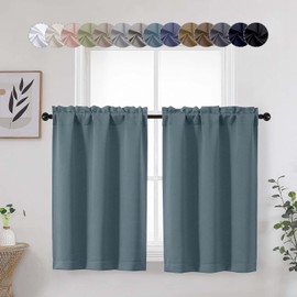 WelvetBLK Stone Blue Cafe Blackout Curtains Tier 36 Inch Length 2 Panels, Soft Solid Thermal Insulated Room Darkening Small Kitchen Window Curtains Over Sink for Bathroom, Stone Blue, Each 30" Wx36 L