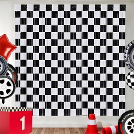 Race Car Foil Fringe Curtains Backdrop Birthday Party Decorations,2 Pack 3.28 x 6.56 Ft Black White Backdrops Streamers Racing Car Birthday Party Decor Supplies for Boys Men Photo Booth Props