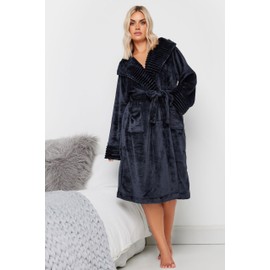 Yours Curve Blue Ribbed Trim Hooded Dressing Gown - Women's - Plus Size Curve