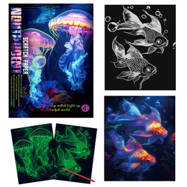 KSIWRE Scratch Art for Adults & Teens,4 Sheets Glow in The Dark Rainbow Scratch Paper,Beautiful Night View Scratch Painting(Seabed World)