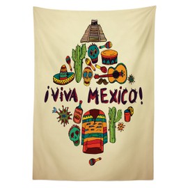 Ambesonne Mexicano Mantele, Garabato Viva México, Resistente al Agua Lavable Colores No Destiñen Personalizado, 60" X 90", Multicolor