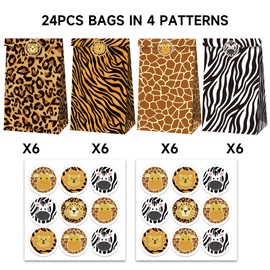 24Pcs Jungle Safari Animal Party Favor Bags Animal Gift Bags Birthday Treat Boxes Party Bags Candy Goodies Picnic Safari Party Decoration