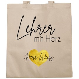 Geschenk mit Namen personalisiert by Shirtracer - Cotton Bag - Teacher with Heart with Name | Teacher Gift | Leaving Gift Teacher | Teacher Gifts for Leaving | Gifts for Teachers, 1 natural white