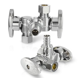 (Pack of 2) Seelink 1/4-Turn Dual Compression Outlet Angle Stop Valve, with 2 Shut Off Valve/Handles, 1/2" Pex Barb Crimp x (3/8 inch x 3/8 inch) OD, Chrome Plated Brass