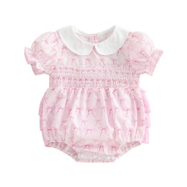 mlpeerw Newborn Baby Girl Summer Clothes Smocked Bubble Romper Short Sleeve Peter Pan Collar Bodysuit Cute Baby Girl Clothes (B Bownot-Pink, 6-12 Months)