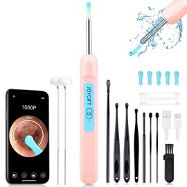 Ear Wax Removal, 1080P Ear Cleaner with Camera, Ear Wax Removal Kit with 6 LED Lights/8Pcs Ear Care Kit, Otoscope Ear Cleaning Kit for iOS/Android/Tablet (Includes Goose Feather Stick, Pink)