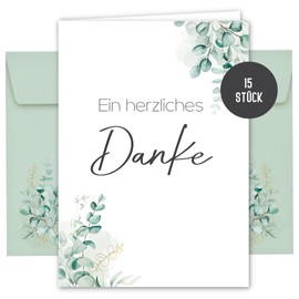 15 Thank You Cards with Envelopes for Wedding, Registry Office, Birthday, Baby, Communion, Youth Initiation, Christening, Thank You Card, Folding Card, DIN A6 (Eucalyptus)