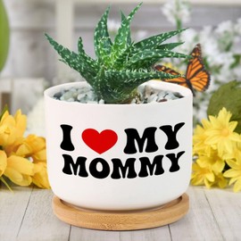 Evans1nism I Love My Mommy Planters for Indoor Plants Plant Pots Outdoor White Letter with Red Heart Ceramic Pots for Plants with Removable Base Lettering Quotes Pot for Gardening Container