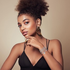 Lydow Silver Beaded Bracelets for Women, Initial B Letter Bracelet Stack Bracelet Plated Stretch Bead Ball Paperclip Jewelry Set Gifts