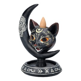 Backflow Incense Burner Mystical Cat with Moon Incense Holder Waterfall Gothic Figure