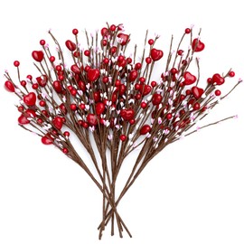 AXYLEX Valentine's Day Gifts Heart Picks - 8 Pcs Artificial Red Berry Flower Stems Heart Shaped Picks for Home, Restaurant Decor, Wedding (Red)
