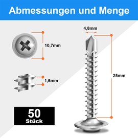 Pack of 50 Self-Tapping Screws Stainless Steel Self Tapping Screws Phillips Black Drilling Screws Flat Head with Washer + 1 Piece Screwdriver Bit (50, Silver, 4.8 x 25 mm)