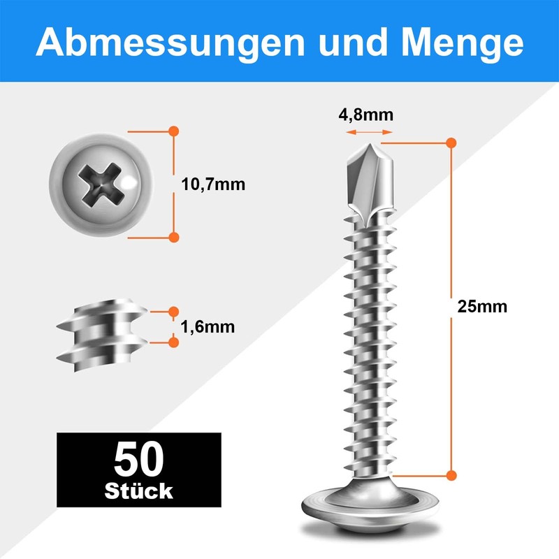 Pack of 50 Self-Tapping Screws Stainless Steel Self Tapping Screws