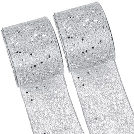 2 Rolls 20 Yards Christmas Ribbon Wired Metallic Ribbons Champagne Glitter Lace Ribbon for Xmas Crafts Valentine Floral Bow Making DIY Gift Wrapping Wedding Party Decor (Silver,2.5 Inch)