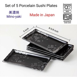 JapanBargain Japanese Porcelain Sushi Plates Dinner Gift Set Black Silver Cherry Blossom 4691