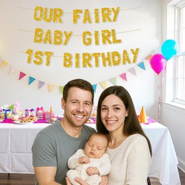 Meowoo Sweet Fairy Birthday Banner, 7.7 Inch Big Letters, Luxe Gold Glitter Cardstock, Easy-to-Assemble Decorations for Our Baby Girl’s 1st Birthday Party Supplies