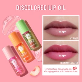 Hydrating Lip Oil Set,3 PC Mini Lip Gloss Set Magic Colour Changing Long Lasting Lipgloss,Lip Balm Fruit-Flavored Lip Care Kit, Aloe Vera/Peach/Honey
