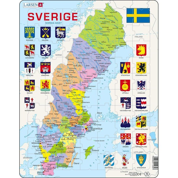 Larsen A7 Sweden Political Map, Swedish Edition, 70 Piece Boxless Tray & Frame Jigsaw Puzzle