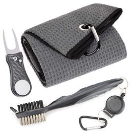 Mile High Life Microfiber Waffle Pattern Golf Towel | Club Groove Cleaner Brush | Foldable Divot Tool with Magnetic Ball Marker (Dark Gray Towel/Brush/Bone Divot)
