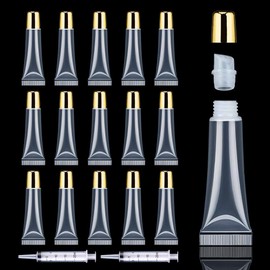 AMORIX 50PCS Lip Gloss Containers 10ml Gold Lip Gloss Tubes Empty Lip Balm Tubes Squeeze Tubes Lipgloss Supplies Lip Gloss Kit for Lip Gloss Base + 2 x 20ml Syringes & Labels