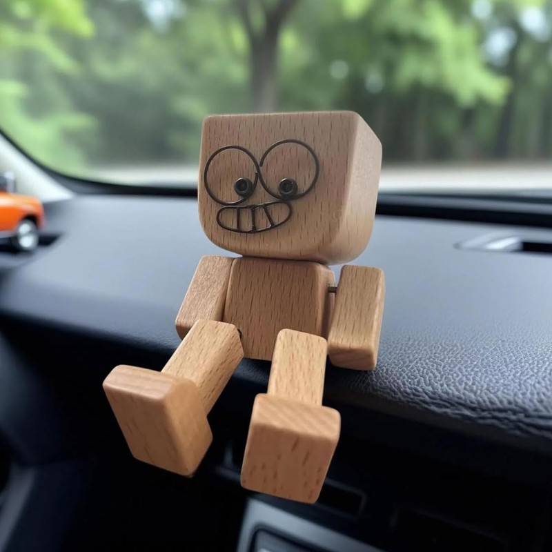Shaking Wooden Man Figurine, Handmade Feet Shaking Wooden Car Ornament