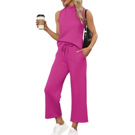 SAMPEEL SAMPEEL Two Piece Set for Women Summer Outfits Vacation Trendy Lounge Sets Mock Neck Matching Sets Women Clothing Wide Leg Crop Pants Set Travel Airport Sweat Set