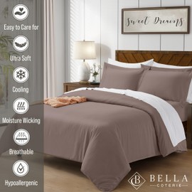Bella Coterie Luxury Bamboo Viscose Queen Size Duvet Cover Set | 100% Organically Grown | Corner Ties | Ultra Soft | Cooling | Two Pillow Shams | 90 x 94 | No Insert [Mocha]