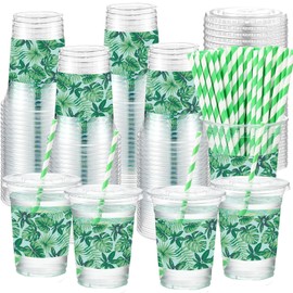 Chuangdi 50 Pack Hawaiian Luau Party Decorations Cups with Straws Tropical Plastic glass Hawaiian Clear Cups Disposable Palm Leaves Drinking container for Summer Birthday Luau Tiki Party Supplies