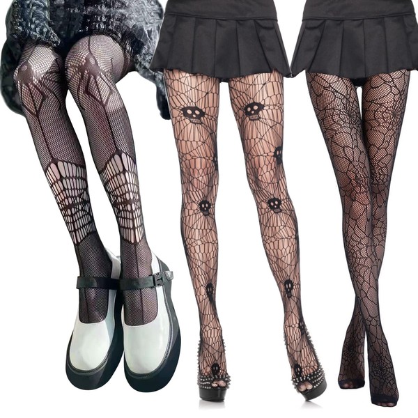 3 Pairs Fishnet Stockings Sexy Black, Halloween Tights for Women, Halloween Skeleton Stockings Spider Web, Fishnet Socks Over Knee High, Halloween Costumes for Girls Nurse Gothic Pantyhose Accessories