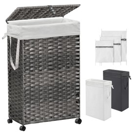 70L Slim Laundry Hamper with Lid & Wheels, Rolling Laundry Basket with 2 Removable Liner Bags & 3 Mesh Bags, Narrow Dirty Clothes Basket, Foldable Handwoven Rattan Laundry Sorter, Brown