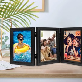 Double/Triple Photo Frame 180° Foldable Hinged Picture Frame Stand Vertically on Desktop Photo Frame with Plexiglass Front Black Photo Frame for Desktop Birthday Gifts Fulasun(Triple,black)