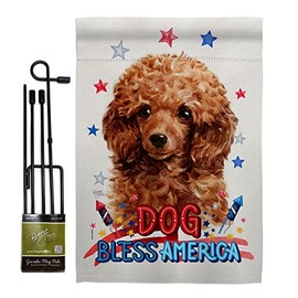 Breeze Decor Patriotic Miniature Poodle Garden Flag Set with Stand Animals Dog Puppy Spoiled Paw Canine Fur Pet Nature Farm Animal Creature Small Gift Yard House Banner Made in USA 13 X 18.5