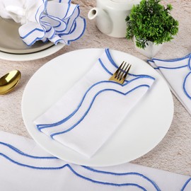 Scalloped Embroidery Cloth Napkins Premium Quality Table Decor Spring and Summer 100% Cotton Reusable Washable Napkin -18 x 18 inch (White Napkin with- Light Blue Edges, Pack of 6)