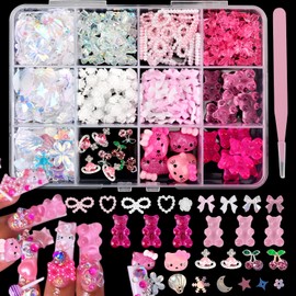 3D Pink Nail Charms Bulk Gummy Bear Butterfly Bow Assorted Nail Charms Set Planet Cherry Gems Cute Heart Star Pearls Nail Charms for Nail Art DIY Supplies Accessories